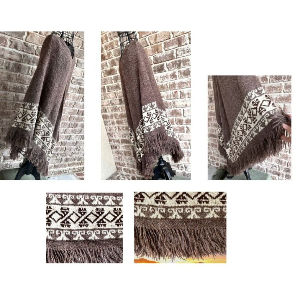 Vintage Fotrama Poncho Shawl Cape One Size Alpaca Wool Fringe Tribal Winter Boho - Picture 11 of 12